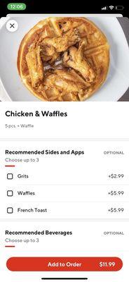 Chicken and waffles advertised on door dash.