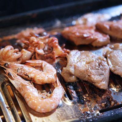 Shrimps, Baby octopus, and Galbi