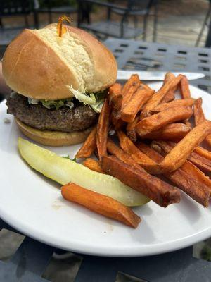 Black and blue burger and sweet potato fries