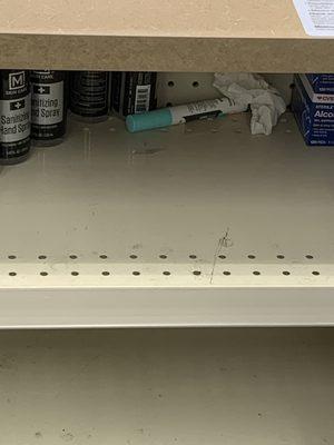 Dirty tissue and half empty shelves.