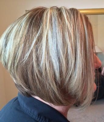 Stacked bob with base color & highlights.