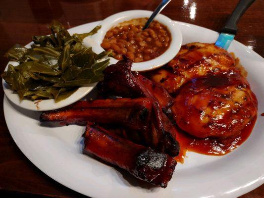 Ribs, chicken, collard greens and baked beans