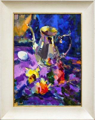 Michael Linstrom, American, 1939-2014 Silver Tea Pot Still Life 1990s. Image: 24"H x 18"W. Framed size: 30.25"H x 24.25"W x 2"D $1,650