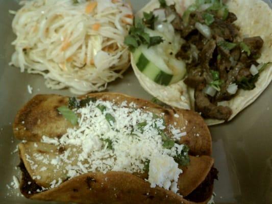 Beef taquitos and carne asada taco.