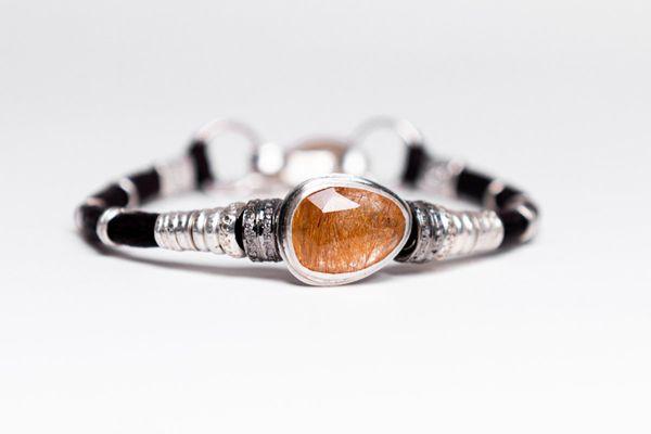 Golden Rutilated Quartz and Pavé Diamond Leather Bracelet