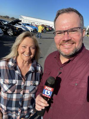 Charley's world! Fox13 News reporter & me at the Planes Trains & Automobiles at the annual event today at the Plant City Airport.