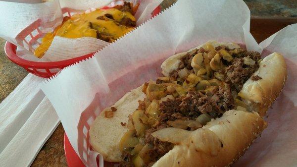 Cheese streak, mushroom, and onion hoogie.  Must have!!! Chili cheese season fries, cheesy goodness.