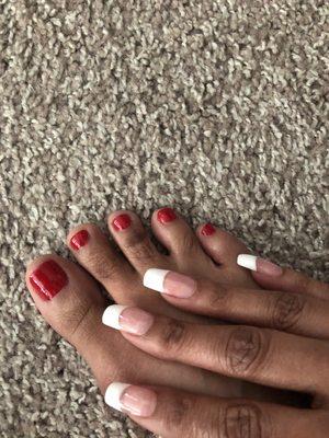 Pedicure and pink and white SMS powder nails with gel polish.