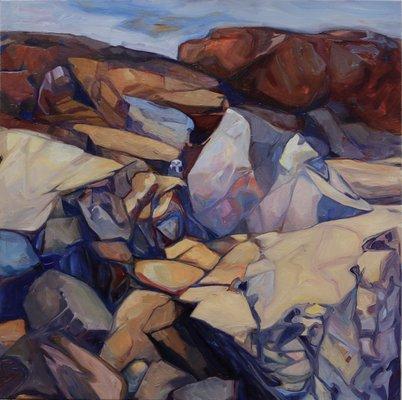 snowy owl,  spirit in the rocks - oil on canvas - jill whitney armstrong