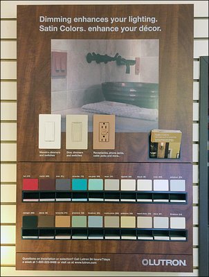 Lutron satin finish colors for lighting controls, see them on display in our Waltham showroom. Most are even available in sample swatches.