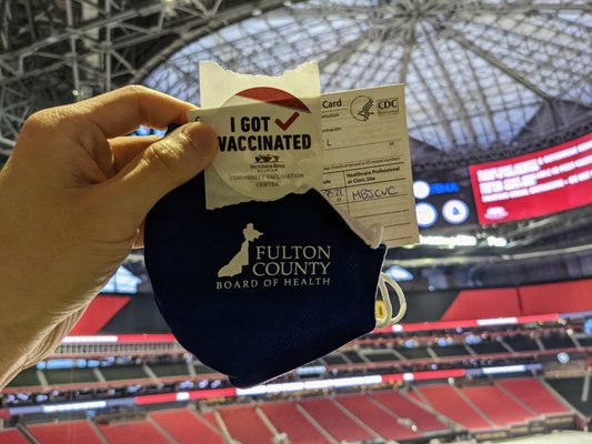 Georgia Department of Public Health, Fulton County Board of Health, Mercedes-Benz Stadium COVID-19 vaccine swag.