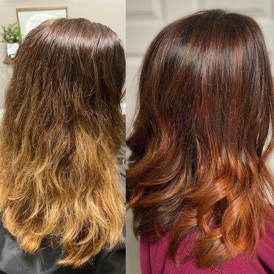 From Summer to Fall! Change up your look by covering old highlights with a rich copper gloss! Glosses change tone and add shine!