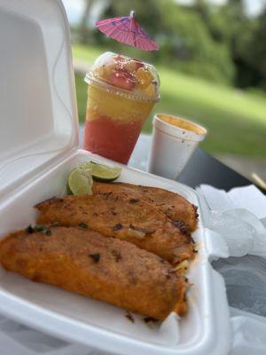 Queso tacos  with birria, strawberry mango smoothie