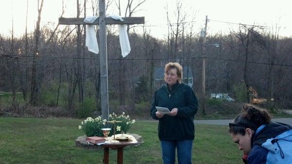 Pastor Terry preaching sunrise Easter service.