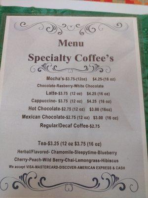 Our Coffee menu