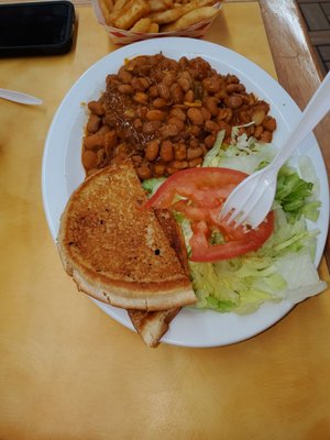 Steak burger with beans, really yummy