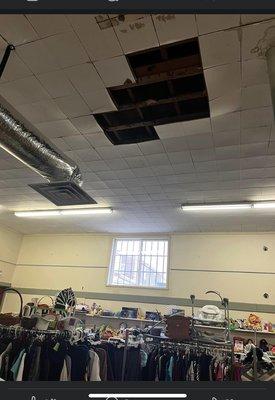 Holes in the roof where water comes pouring in