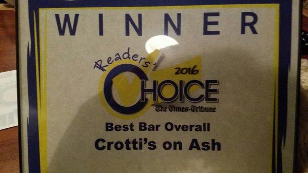 Times Tribune Readers choice Voted us the Best Bar, Overall for 2016.