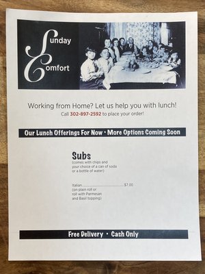 Sunday Comfort Sub Shop Menu