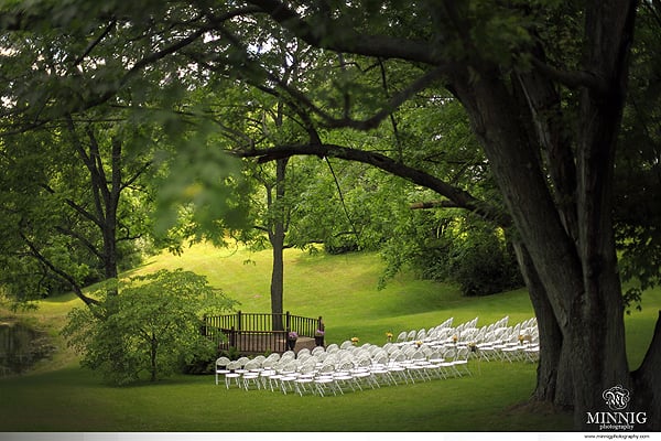 A view of the gazebo area where a wedding can take place, overlooking a pond.