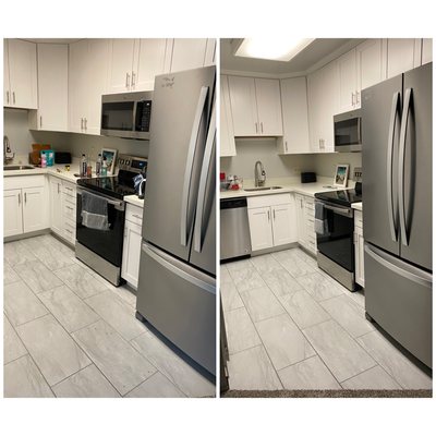 Before and after kitchen was thoroughly cleaned & sanitized, dishes, sink, counters, appliances, cabinets and floor.