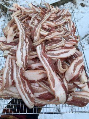 Sliced thick cut bacon...we make our own.