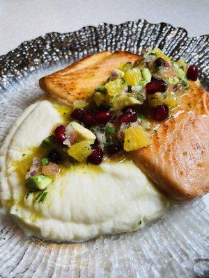 Sous Vide Salmon with cauliflower puree and grapefruit orange pomegranate avocado dressing.