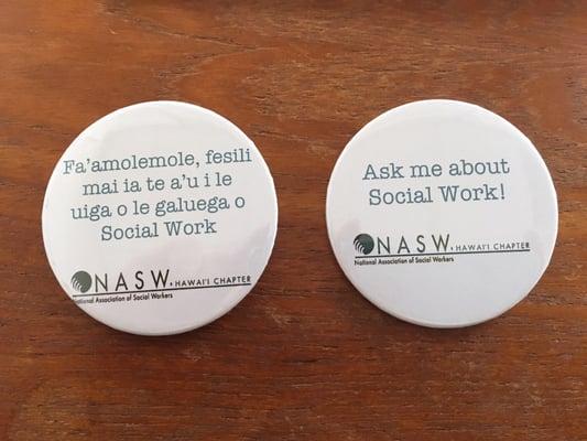 Rocking our social work buttons in several languages!