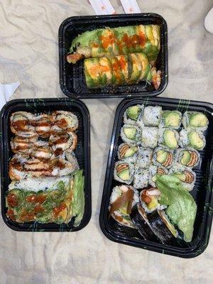 top:Monkey Roll, bottom left:Shrimp Tempura Roll and Crazy Spicy Roll, bottom right:Avocado Roll,Tofu Skin and Avocado Roll,Futo Maki Roll