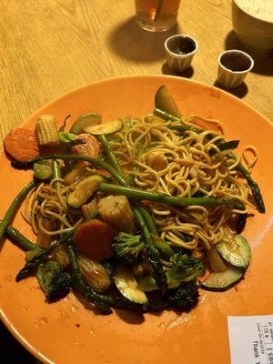 $19.00 plate of noodles and veggies.