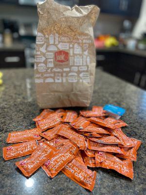 A bag full of treasured hot sauce.