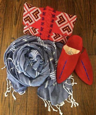 The perfect trio; Teema wrap, Babouche slippers, and a traditional Moroccan Vintage Carpet Clutch