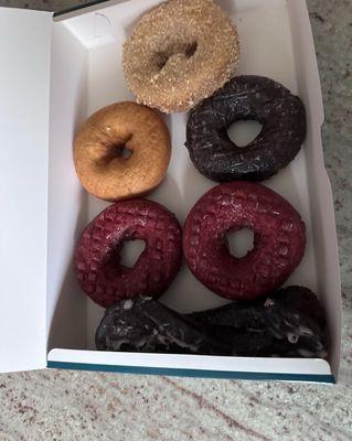 Our take home donuts - chocolate glaze stick, chocolate glaze, plain, red velvet and coconut