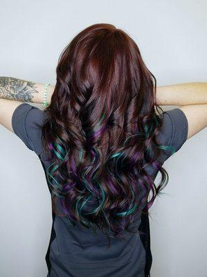 Gorgeous chocolate cherry color and extensions with teal and violet accents