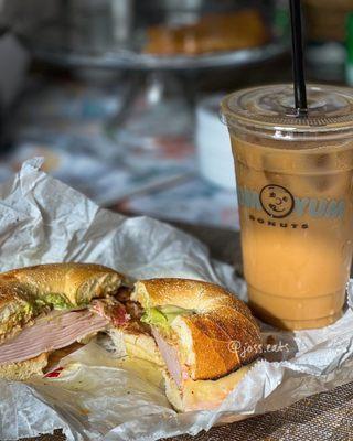 Turkey bacon avocado bagel and caramel iced coffee