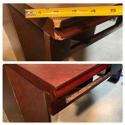 Impacted conference table edge repair and touch-up.