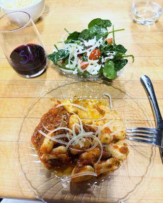 Gnocchi with bolognese sauce and a light spinach salad with dried cherries, pecans, goat cheese and vinaigrette