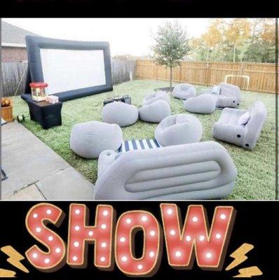 25'ft blowup movie screen large Lounge seating area and popcorn service also available with upgrade purchase package.