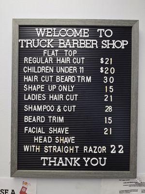 Truck's Barbershop 2024 updated prices.