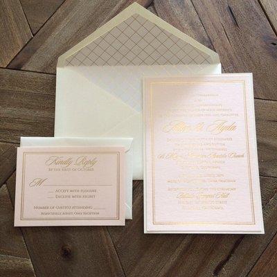 Wedding invitation and response set.  Gold foil printing and custom hand lined liner.