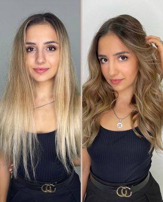 Before after blond balayage correction