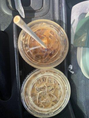 Caramel iced latte, and Amaretto Almond milk iced latte