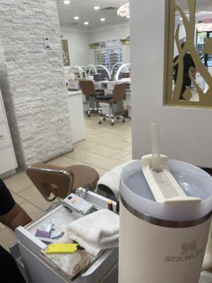 a mini view from my pedicure chair ft my Stanley Cup