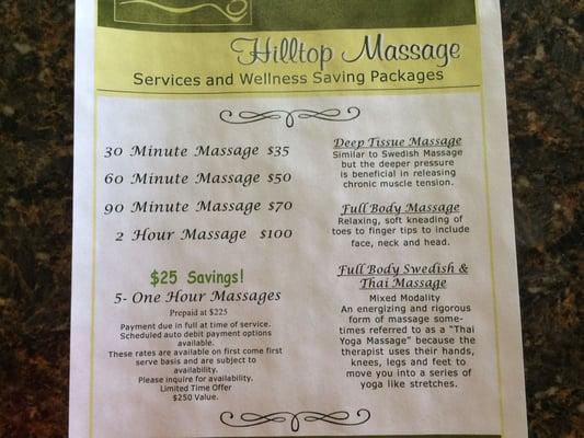 Here are their prices!!!! Amazing deals, very professional, and it's like experiencing a bit of heaven! 1 1/2 hour is the best!!!