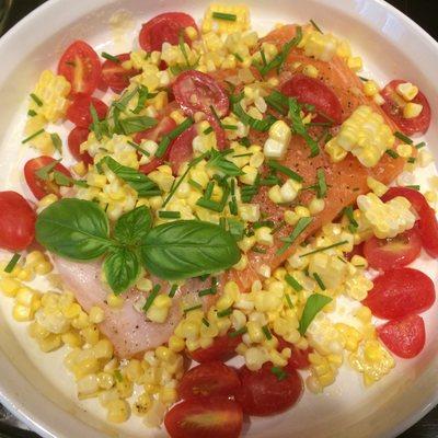 Fresh fish with corn from the cob, cherry tomatoes & basil.  Clean and fresh.