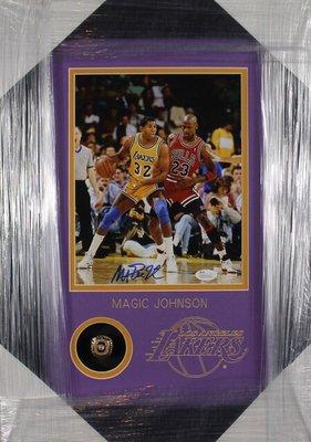 Magic Johnson signed photo with replica championship ring custom framed