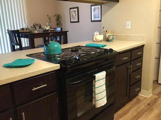 Solid surface counters with breakfast bar.