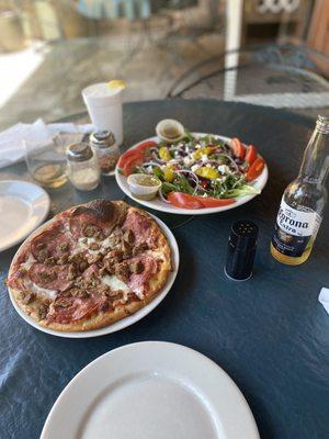 Small Pizza with Salami and sausage & Large Greek Salad