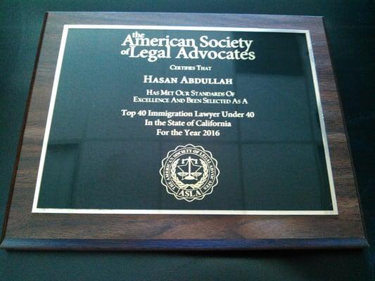 Recipient of the prestigious ASLA "Top 40 Under 40" award for Immigration Attorneys in the State of California in 2016