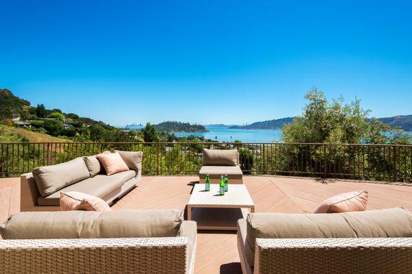 Panoramic views of The Golden Gate Bridge, Bay and San Francisco skyline in our Tiburon listing